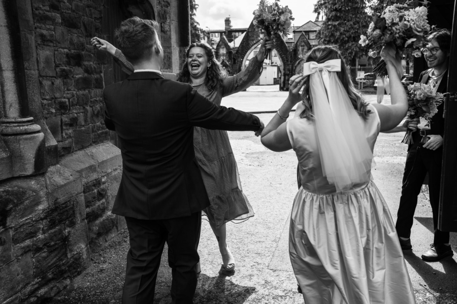 A joyful moment upon exiting the church